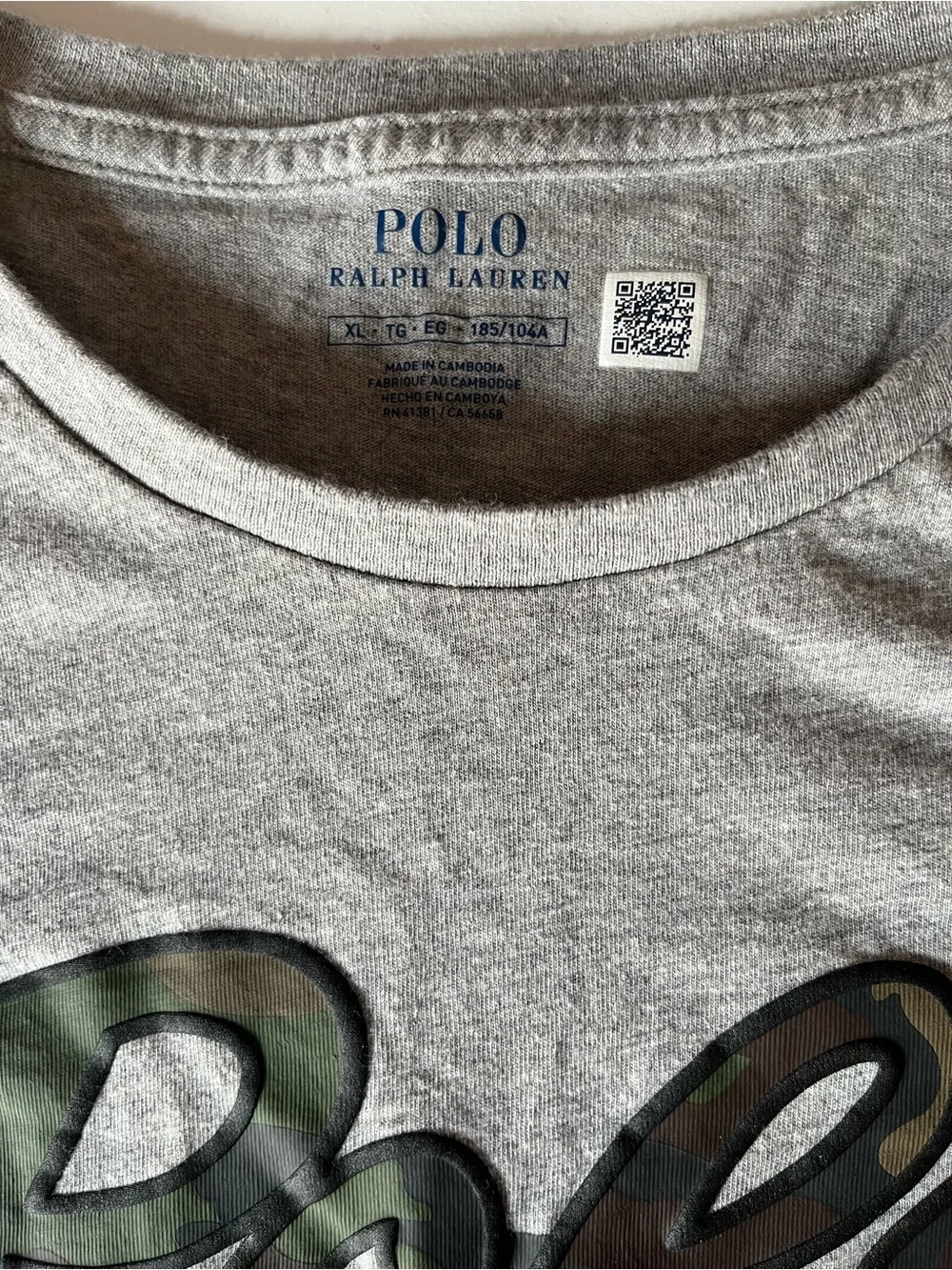 Men’s heather gray Polo Ralph Lauren crewneck t-shirt camouflage lettering XL